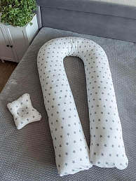 Подушка для беременных "Подкова" + подушка для младенцев / Звездочки серые на белом